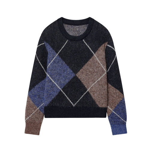 Damen nan kurz geschnittener Argyle-Strickpullover mit Rundhals, Raglanärmeln und geripptem Bund Drune
