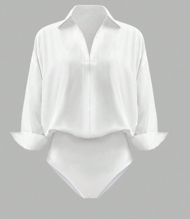 Damen Eleganter Hemdblusen-Body mit V-Ausschnitt, Oversize‑Schnitt und Umschlagmanschetten Drune