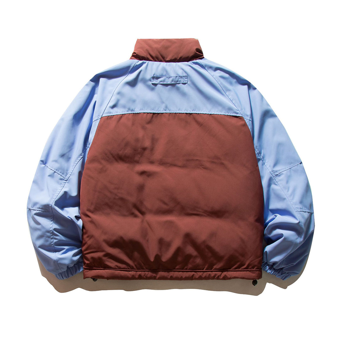 Unisex Kurz geschnittene Colorblock-Wattierungsjacke mit Raglanärmeln und hohem Stehkragen Drune
