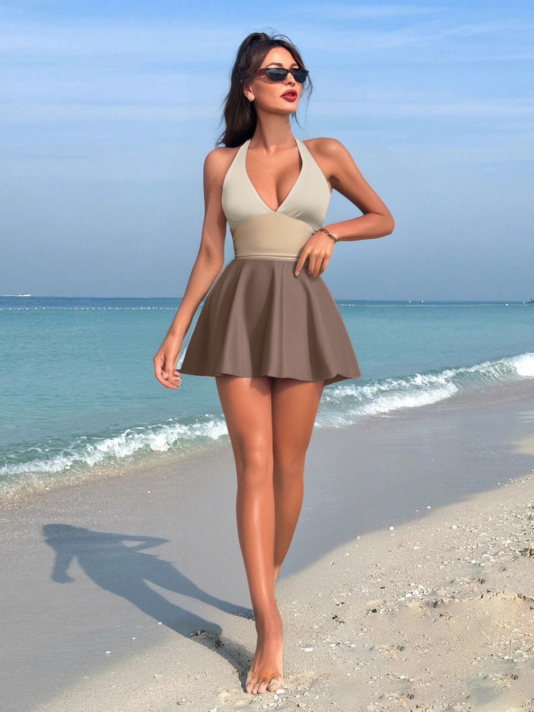 Damen Flatternder Strand-Badeanzug mit V-Ausschnitt und Wickelrock Drune