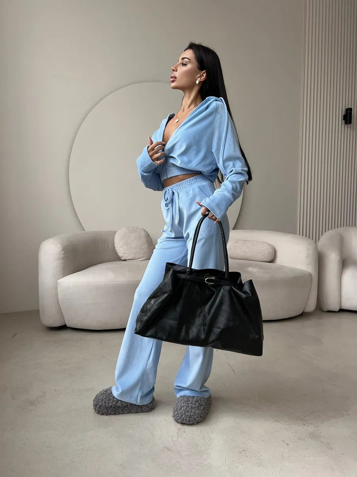 Damen luxuriöser Samt Zweiteiler Jogginganzug mit Cropped Reißverschluss und weiten Hosen Drune