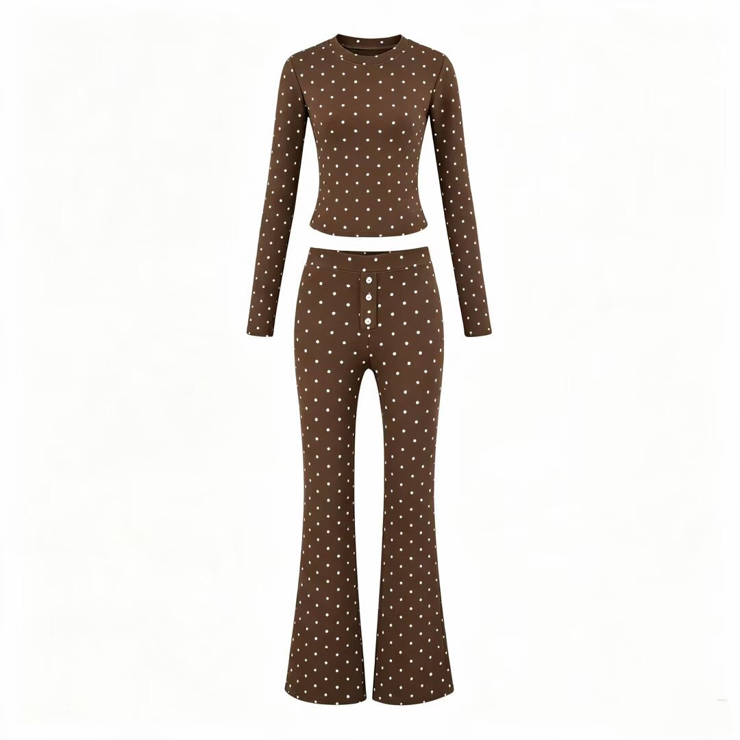 Damen Zweiteiliges Stretch-Jersey Lounge-Set mit Cropped Longsleeve und High‑Waist Schlaghose Drune