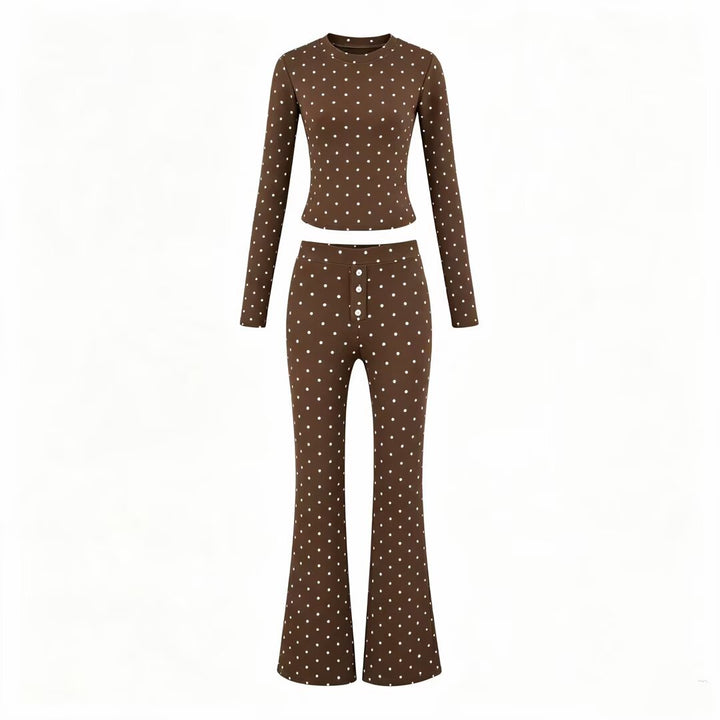 Damen Zweiteiliges Stretch-Jersey Lounge-Set mit Cropped Longsleeve und High‑Waist Schlaghose Drune