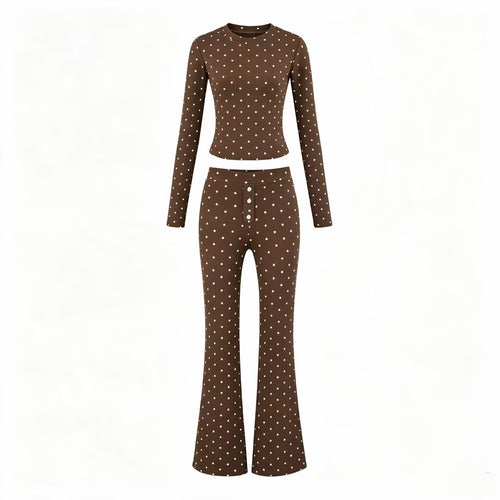 Damen Zweiteiliges Stretch-Jersey Lounge-Set mit Cropped Longsleeve und High‑Waist Schlaghose Drune