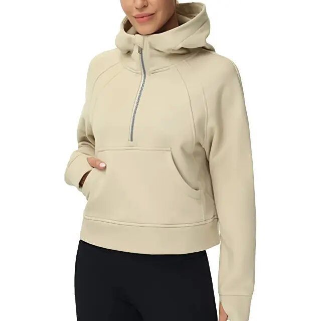 Damen Kurz geschnittener Kapuzenpullover mit halbem Reißverschluss und Kängurutasche Drune