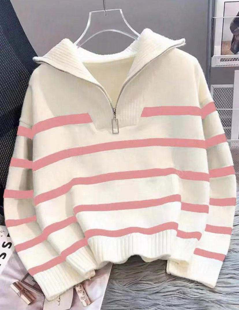 Damen Gestreifter Halb-Reißverschluss Strickpullover mit Rippenkragen Drune