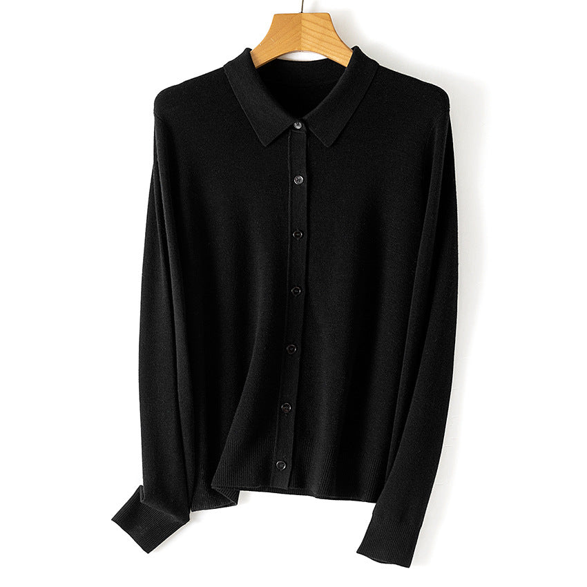 Damen Feiner Knopfcardigan mit Hemdkragen und feinem Feinstrick Drune