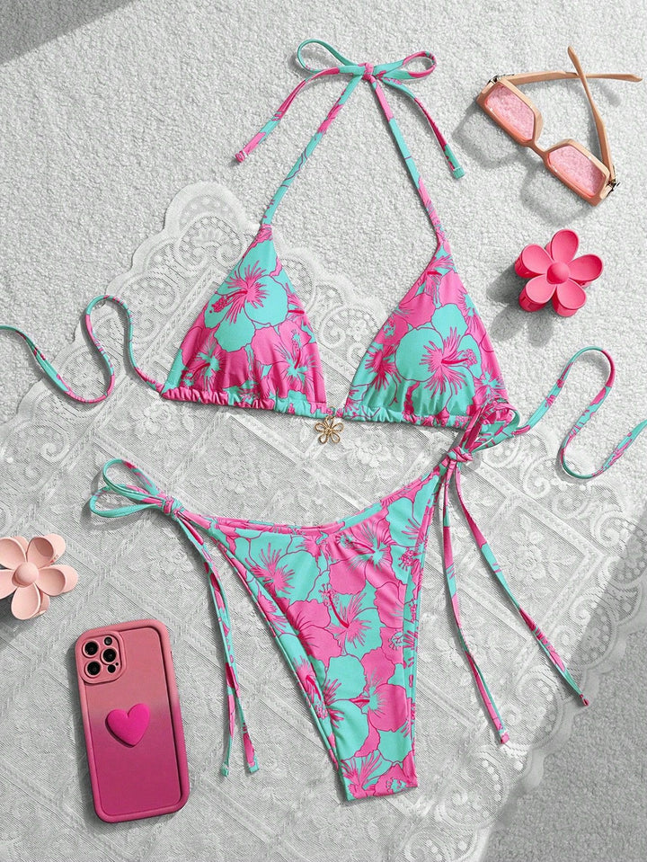 Damen Triangel-Bikini mit floralen Akzenten und raffinierten Bindebändern Drune