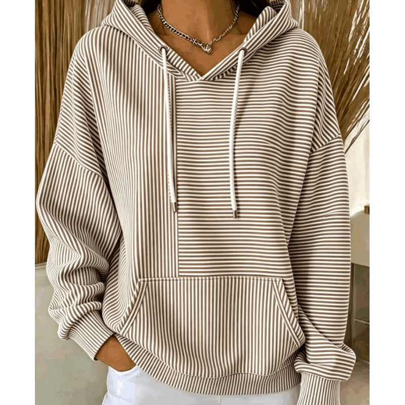 Damen Oversize Kapuzenpullover mit feinem Streifenprint, Kängurutasche und V-Ausschnitt-Kapuze Drune