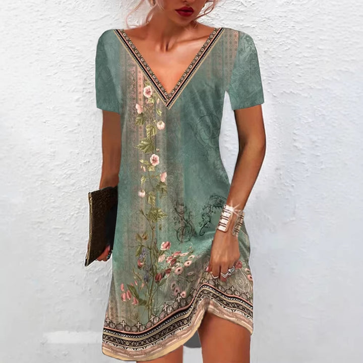 Frauen Floral V-Ausschnitt Tunika Kleid mit Border Print und langen Ärmeln Drune