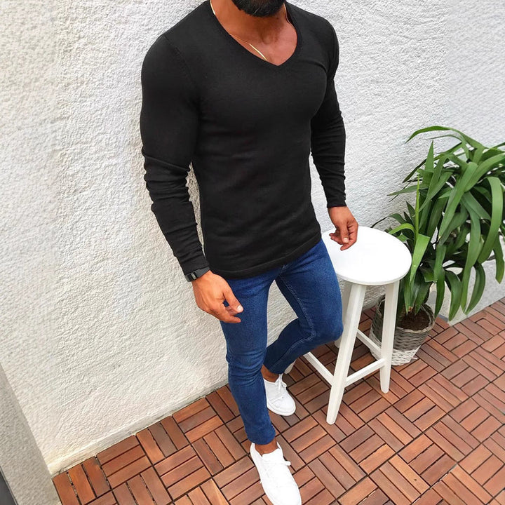 Herren figurbetontes Longsleeve aus Baumwolle mit V-Ausschnitt Drune