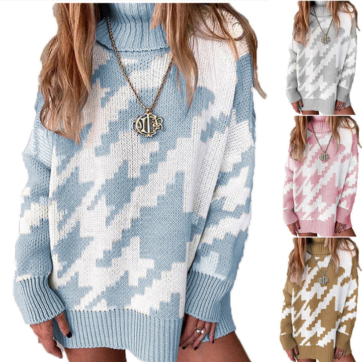 Damen Strickpullover mit hohem Kragen und modernem Zickzack-Muster Drune
