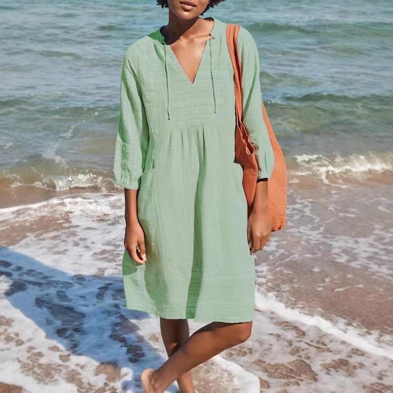Damen lässiges Sommerkleid mit Kapuze und Taschen Drune