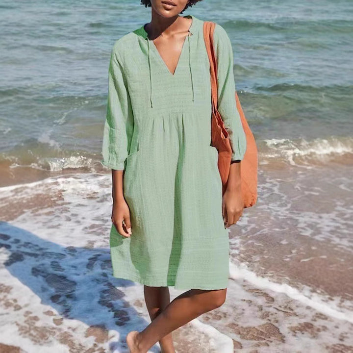 Damen lässiges Sommerkleid mit Kapuze und Taschen Drune