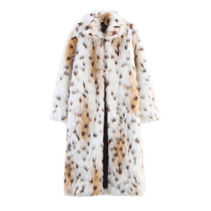Damen Langer Oversize Kunstfell‑Mantel mit geflecktem Wildkatzenprint und Stehkragen Drune