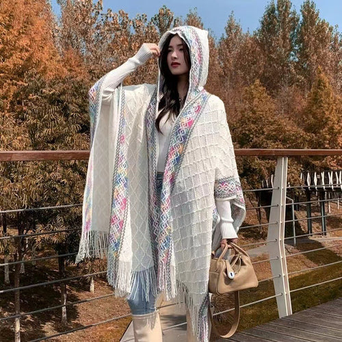 Damen Kapuzenponcho mit Fransen und gewebten Bordüren-Details Drune