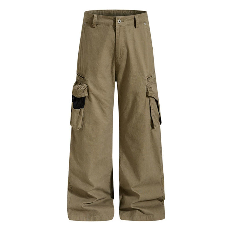 Damen Weite High‑Waist Canvas-Cargohose mit Multi‑Taschen und Netz-Details Drune