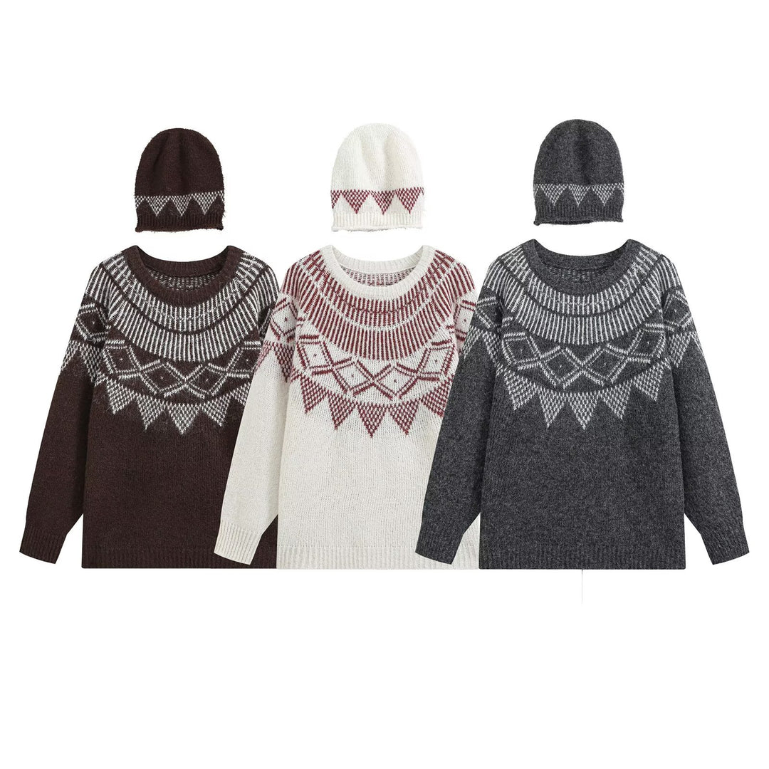 Damen Oversized Norweger-Strickpullover mit Rundhalsausschnitt und passender Mütze Drune