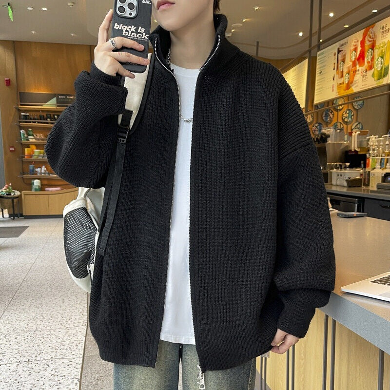 Unisex Oversized Strick-Zipjacke mit Stehkragen und Rippbündchen Drune