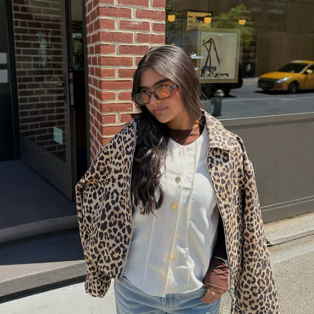 Damen gefütterte Oversize Bomberjacke mit Leopardenmuster und Stehkragen Drune