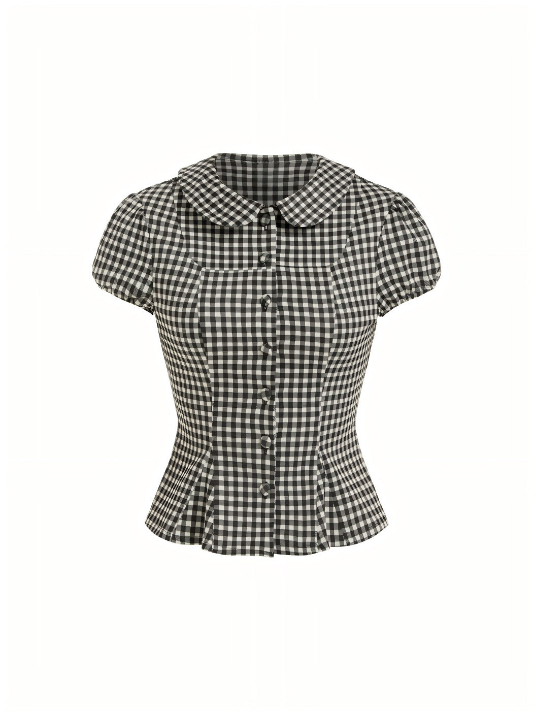 Damen Karo-Bluse mit Bubikragen, Taillierter Peplum-Silhouette und Puffärmeln Drune