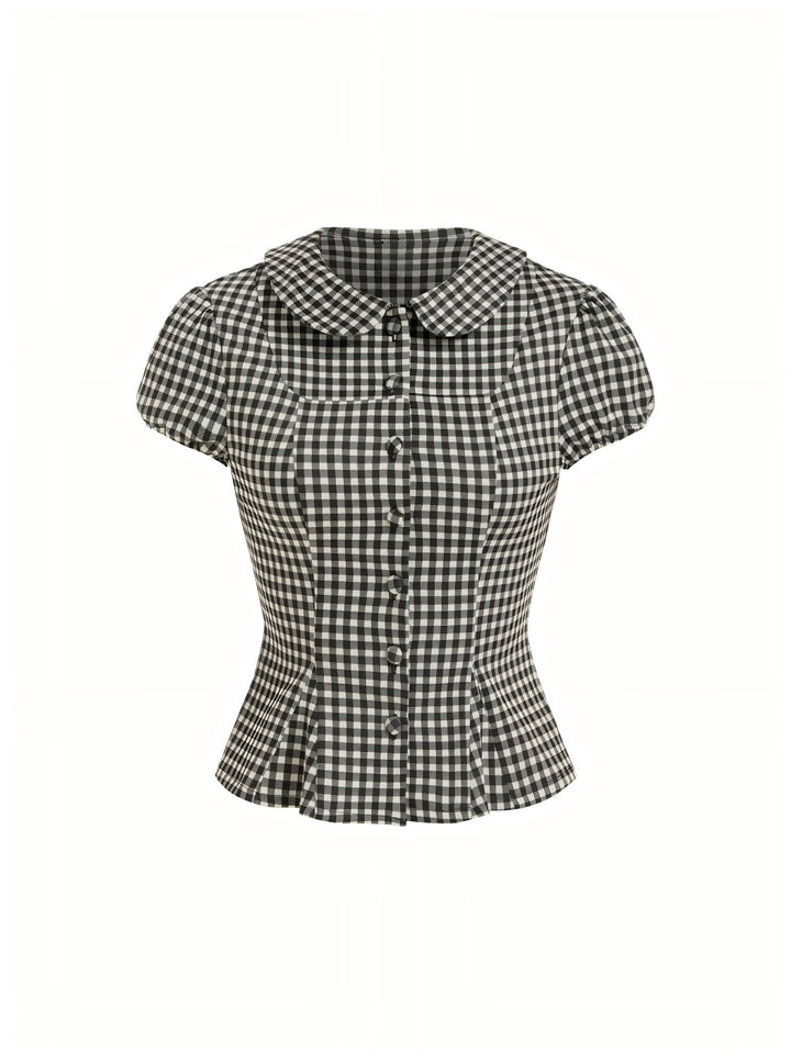 Damen Karo-Bluse mit Bubikragen, Taillierter Peplum-Silhouette und Puffärmeln Drune