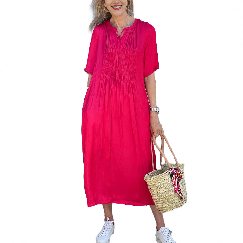 Damen nan lässiges Midikleid mit geraffter Brustpasse, filigratem Schlupfkragen, Bindeband und Seitentaschen Drune