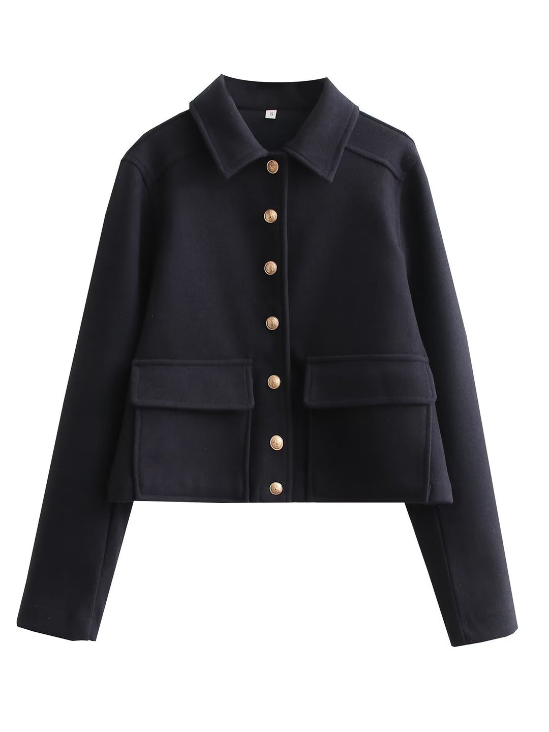 Damen Kurze Boxy-Wollmix-Jacke mit aufgesetzten Pattentaschen und goldfarbenen Zierknöpfen Drune
