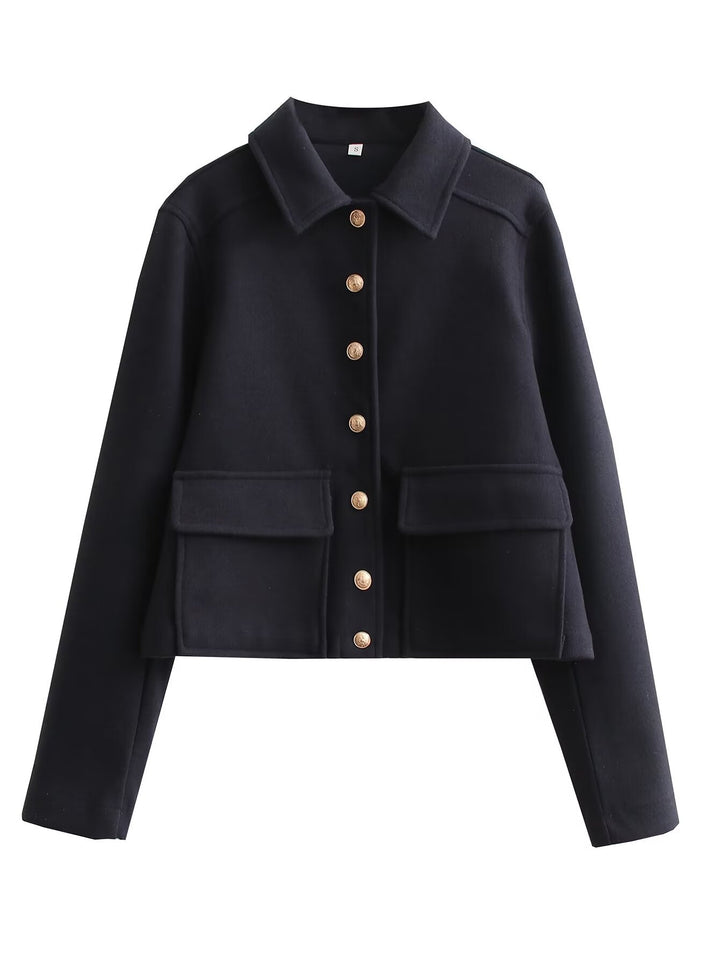 Damen Kurze Boxy-Wollmix-Jacke mit aufgesetzten Pattentaschen und goldfarbenen Zierknöpfen Drune