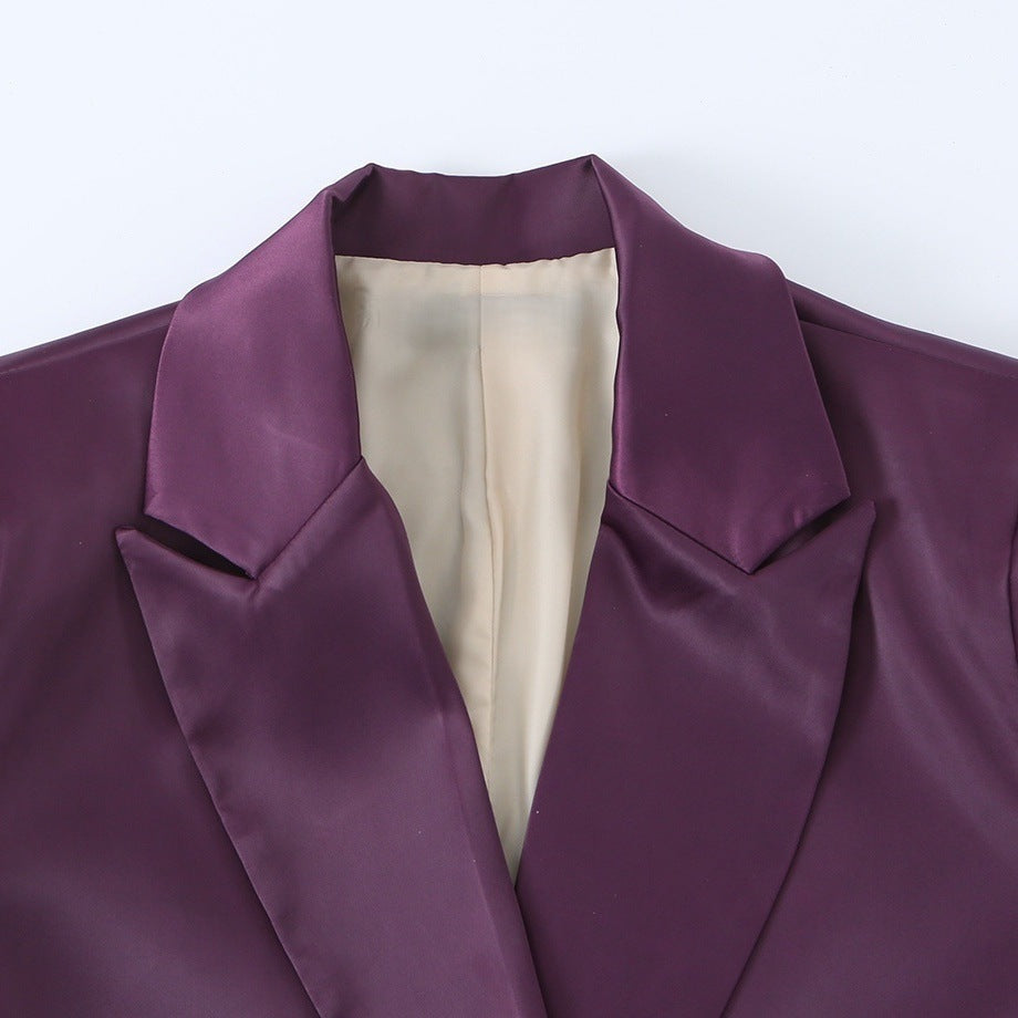 Damen Doppelreihiger Satin-Blazer mit spitzem Revers und Pattentaschen Drune