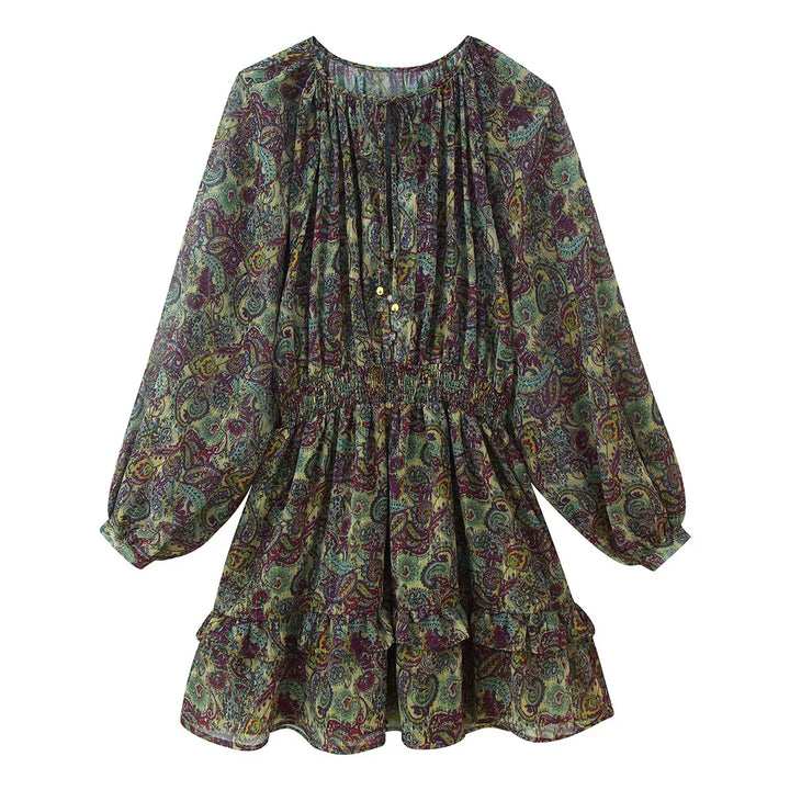 Damen nan gerafftes Paisley-Minikleid mit Smok-Taille, Volantstufen und Ballonärmeln Drune