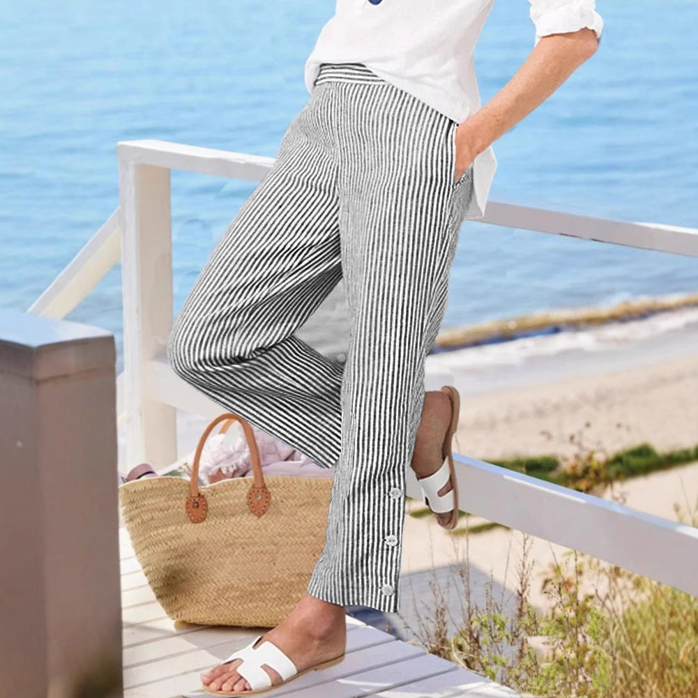 Damen Streifen-Langhose mit Knopfdetails und seitlichen Taschen Drune