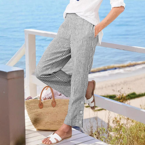 Damen Streifen-Langhose mit Knopfdetails und seitlichen Taschen Drune