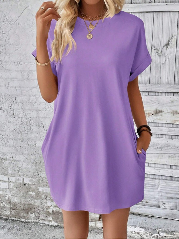 Damen lässiges T-Shirt-Kleid mit umschlagbaren Ärmeln und Taschen Drune