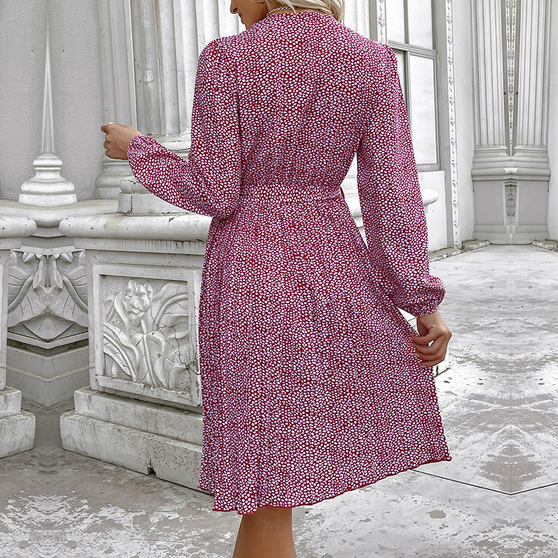 Damen Midikleid mit Taillenband, lockerem Stufenrock und langen Ballonärmeln Drune