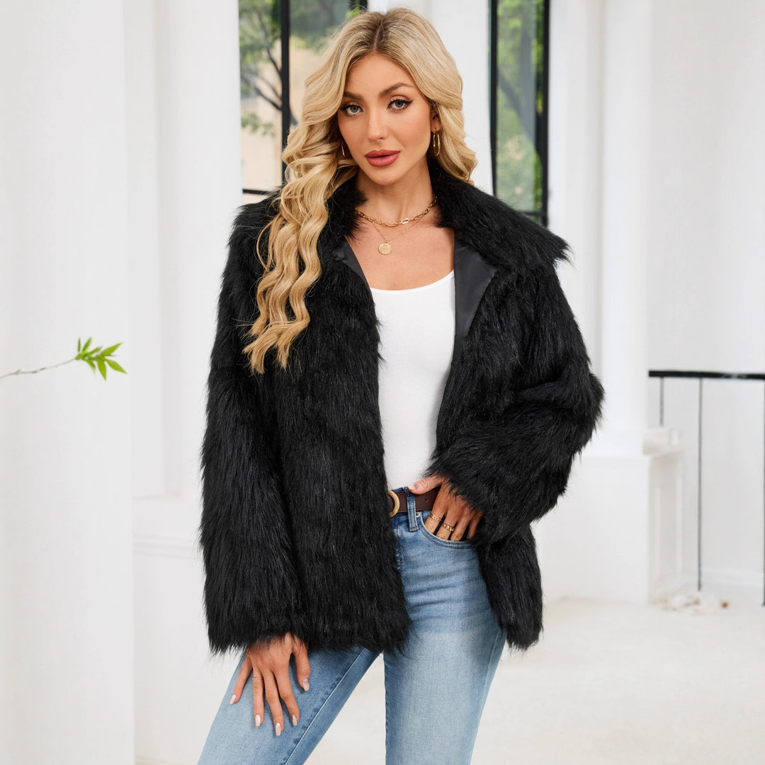 Damen Flauschige Kunstpelzjacke mit Umlegekragen und lockerer Passform Drune