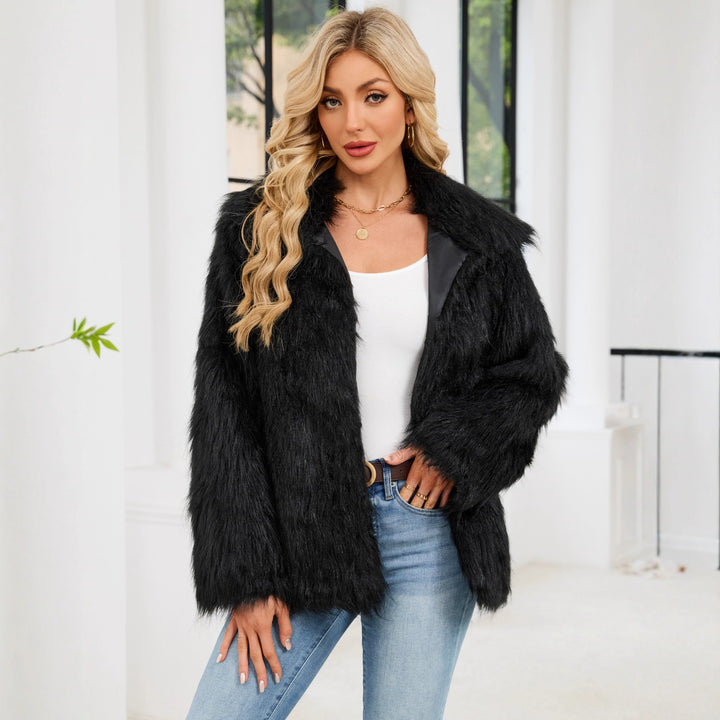 Damen Flauschige Kunstpelzjacke mit Umlegekragen und lockerer Passform Drune