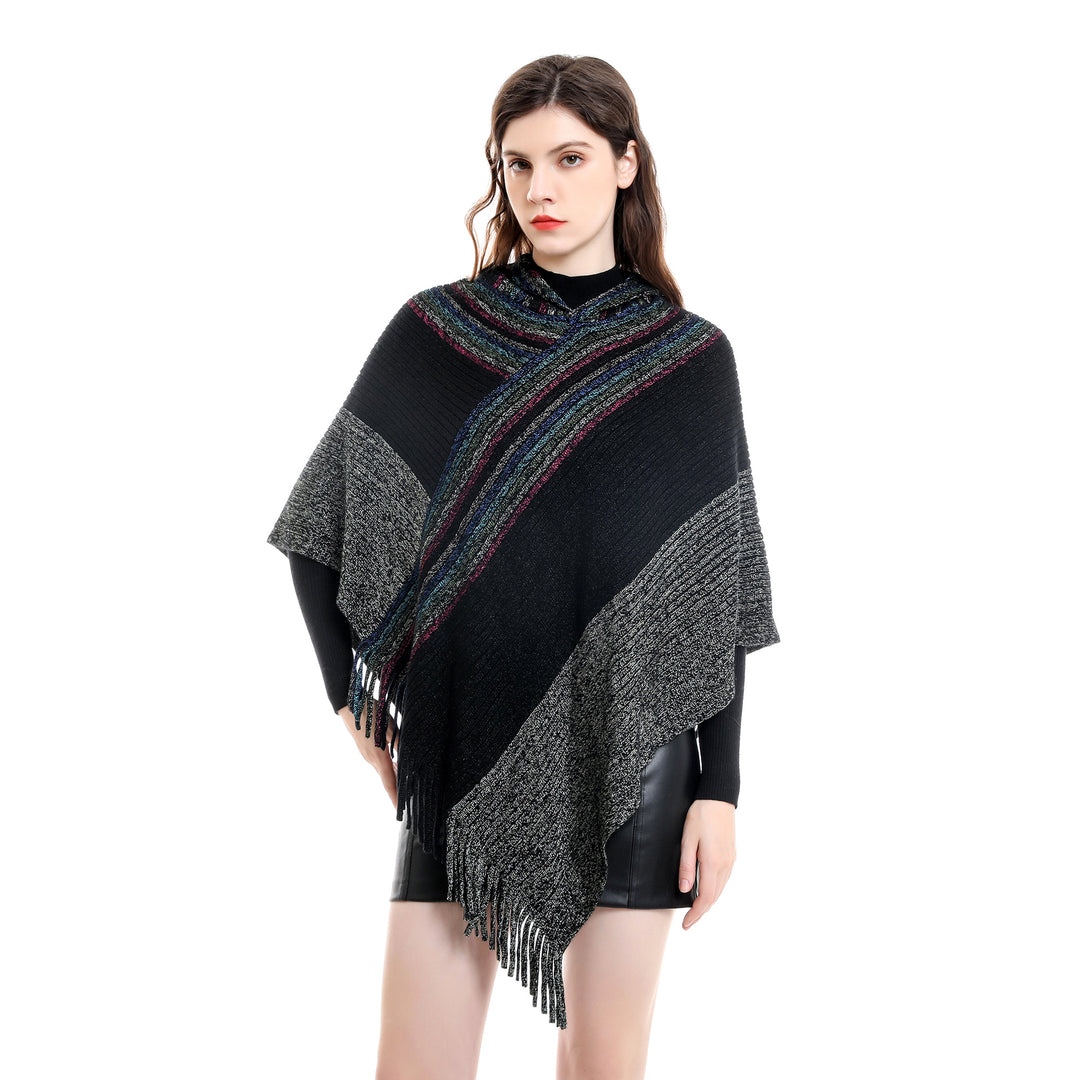 Damen Kapuzen-Poncho im Grobstrick mit Fransensaum Drune