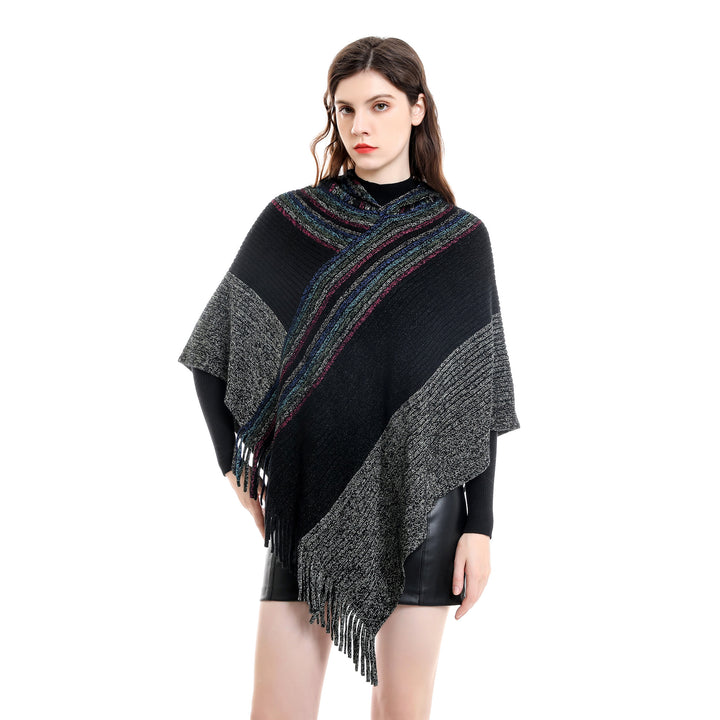 Damen Kapuzen-Poncho im Grobstrick mit Fransensaum Drune