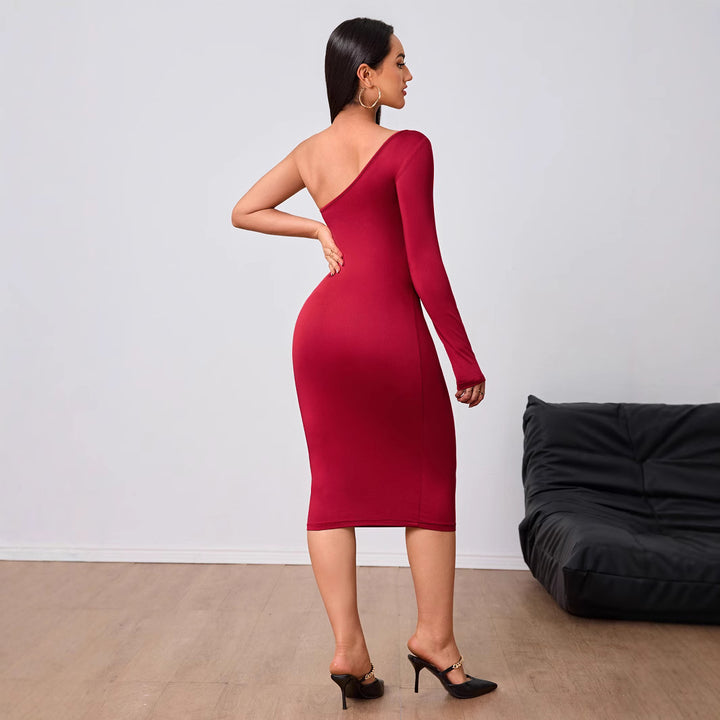 Damen figurbetontes Cut-Out-Midi-Kleid mit asymmetrischem Design und langen Ärmeln Drune