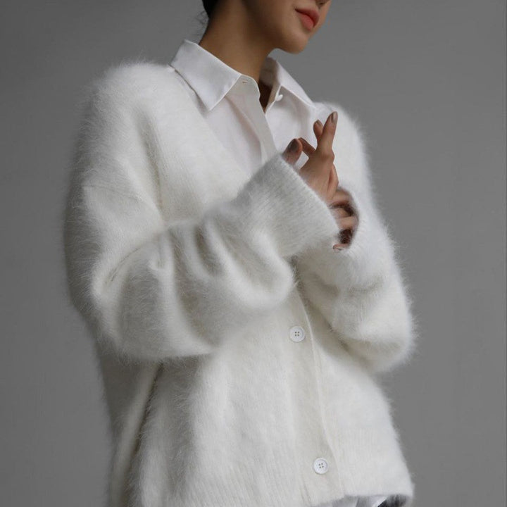 Damen Flauschige Mohair-Optik Strickjacke mit V-Ausschnitt und Oversize-Schnitt Drune