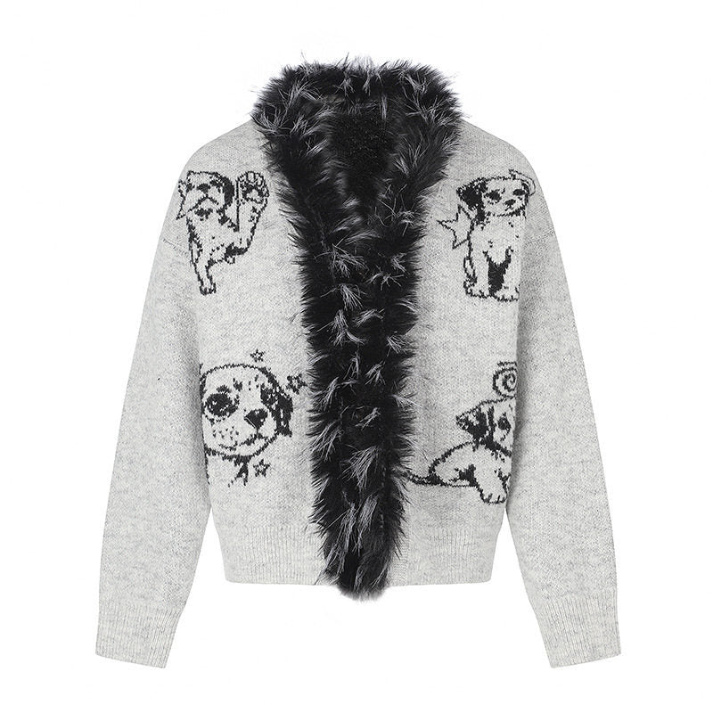 Damen Strickjacke mit Kunstfellkragen und illustrativem Hundemotiv Drune