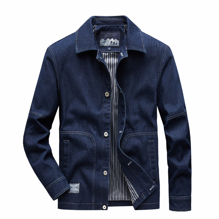 Herren Denim-Workerjacke mit geradem Schnitt, Kontrastnähten & gestreiftem Innenfutter Drune