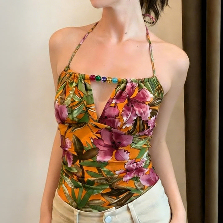 Damen Haltertop mit floralem Design und elegantem Bindeband Drune