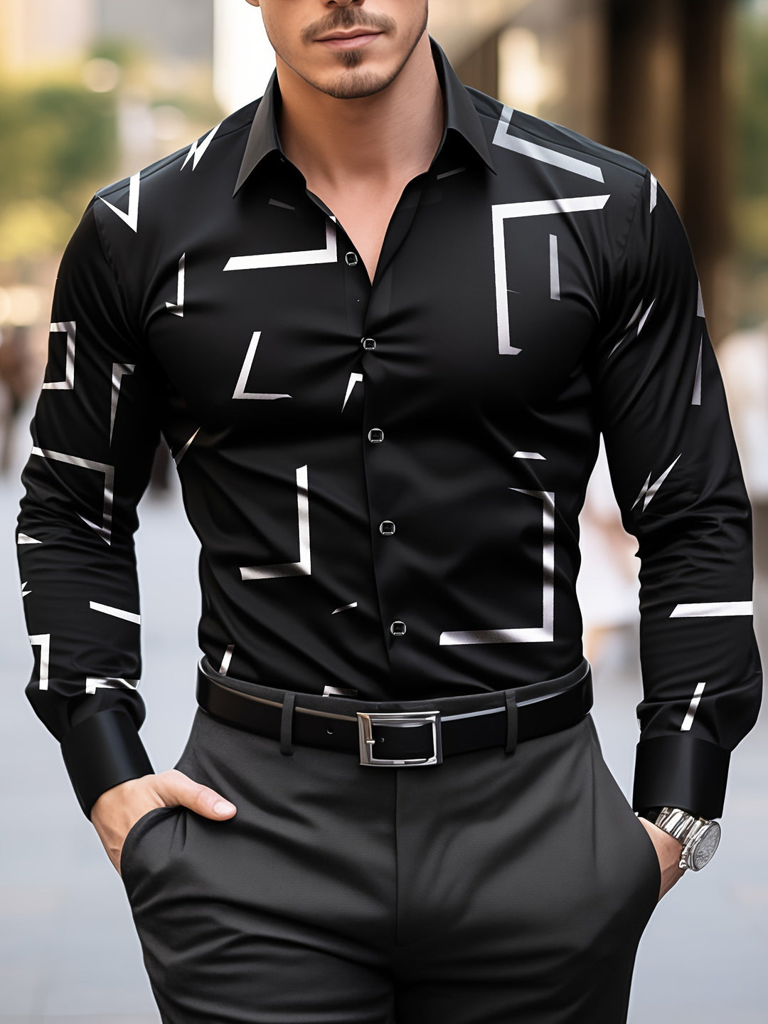 Herren Langarmhemd mit modernem Grafischen Muster Drune