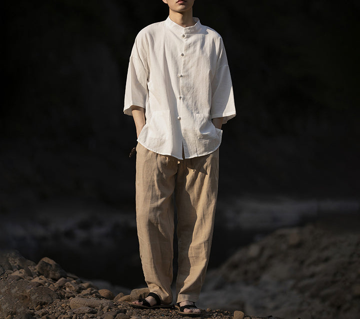 Herren Oversize Hemd im Kimono-Stil aus Leinen-Baumwollmix mit Stehkragen Drune