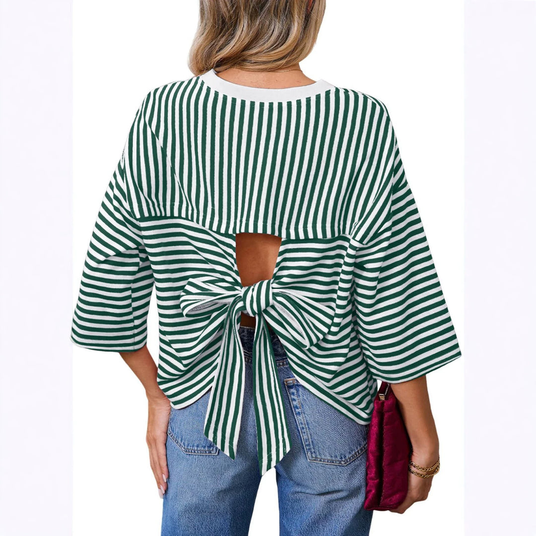 Damen Gestreiftes Oversize-Shirt mit Rückenausschnitt und Schleifenbindung Drune