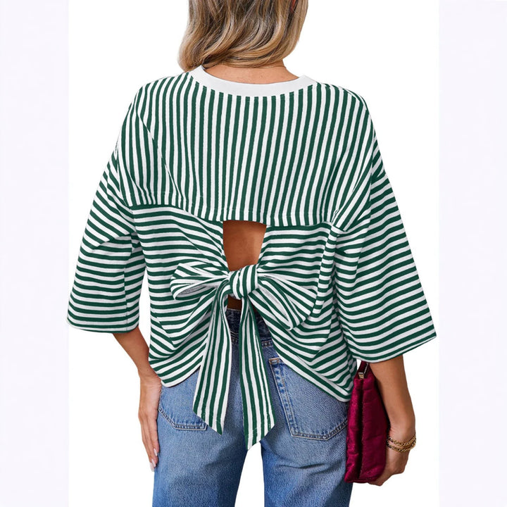 Damen Gestreiftes Oversize-Shirt mit Rückenausschnitt und Schleifenbindung Drune