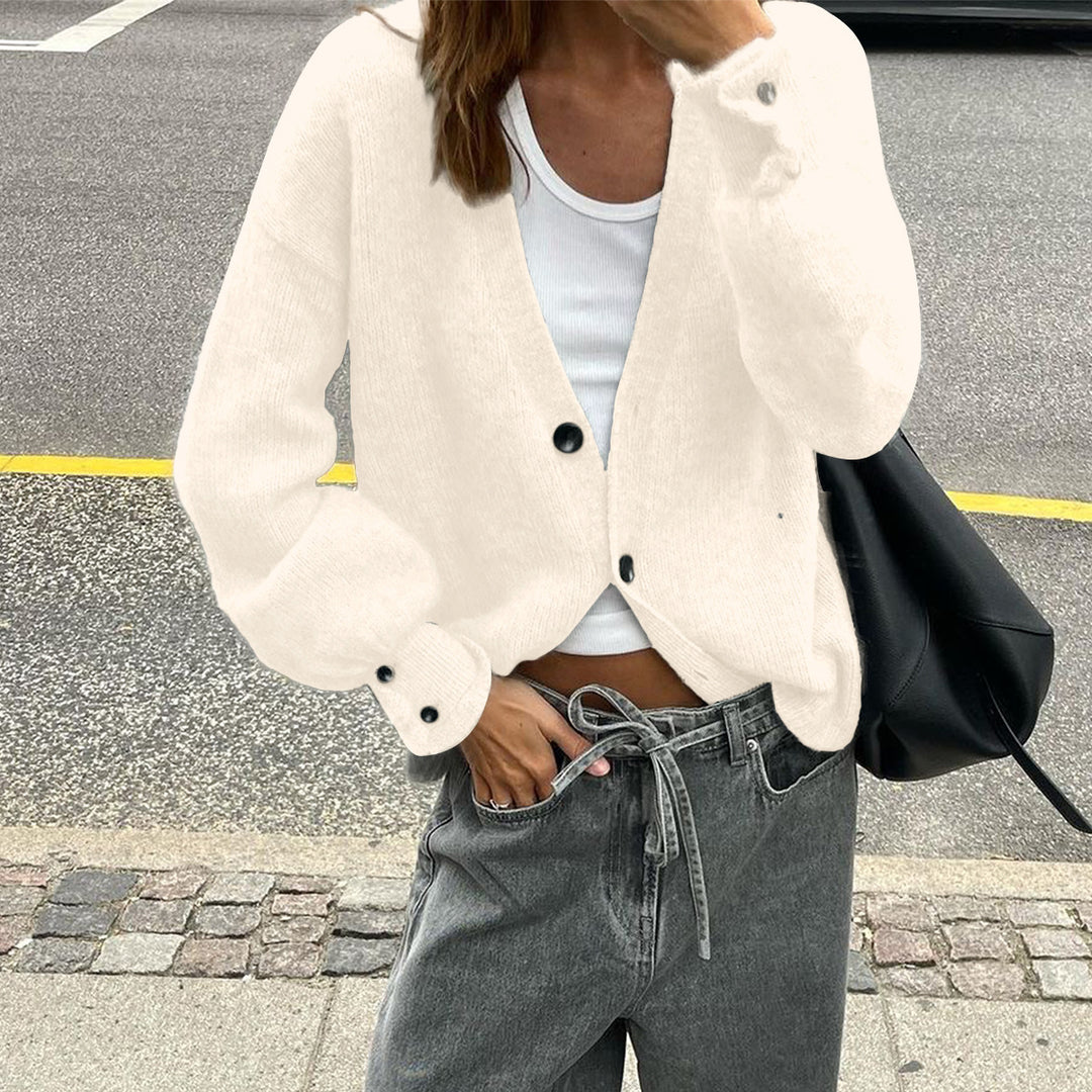 Damen nan lässige Strickjacke mit tiefem V-Ausschnitt, aufgesetzten Knopfleisten und Ballonärmeln Drune