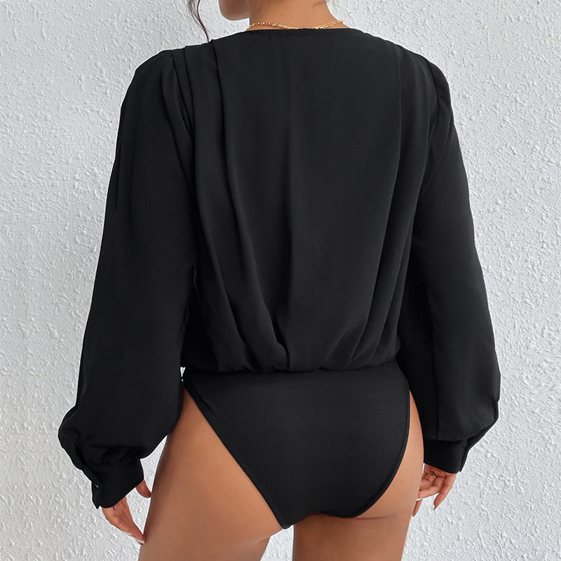 Damen Leichte Wickelbluse mit V-Ausschnitt, gerafften Schultern & Ballonärmeln Drune